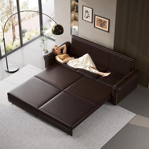 93.7" King Pull Out Sofa Bed, Faux Leather Convertible Sleeper Couch with Nailhead Trim, Oversized Mid Century Modern Chesterfield Sectional Couch for Living Room, Dark Brown
