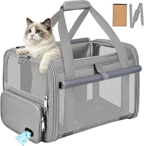 Soft Sided Cat Carrier Bag Airline Approved Large Pet Carrier Portable Dog Carrier Ventilated Foldable Pet Travel Carriers Bag For Cats/Small Dog With Shoulder Strap & Washable Mat (Grey)
