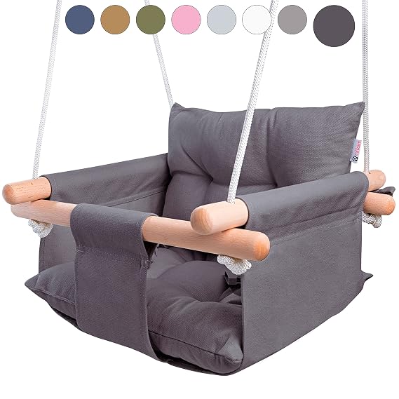 CaTeam Canvas Baby Swing Seat with 5-Point Safety Belt Wooden Hanging Toddler Swing, Indoor & Outdoor, Ages 1-4, Ceiling Mount Hardware Included, Dark Gray