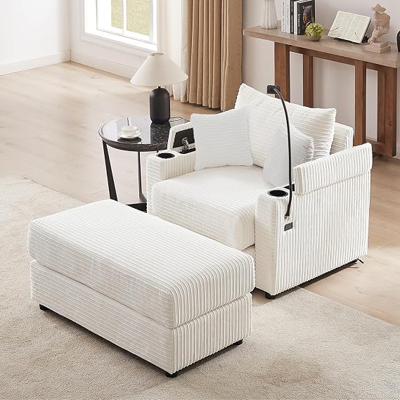 Modern 41.7" Single Sofa Couch with Movable Ottoman, Armchair with Storage Space, 2 USB Ports, 2 Cup Holders, Phone Holder, Reading Chair for Living Room Cafe (Beige#O)