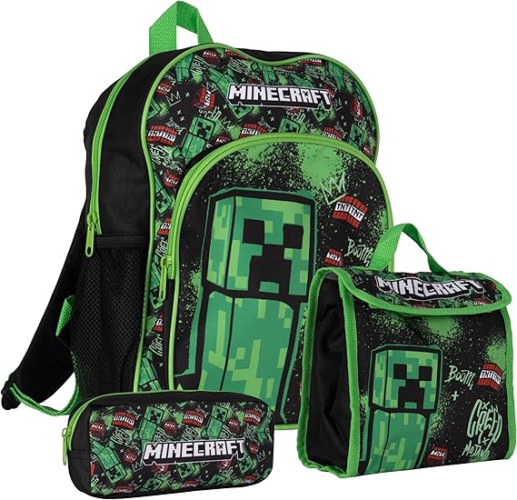 Minecraft Creeper Backpack, Lunchbag and Pencil Case Set 3 Pc