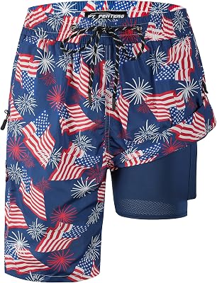 Mens Swim Trunks 9 Board Shorts with Compression Liner Swimsuit Built-in Bathing Suit Quick Dry Swimwear Zipper Pocket