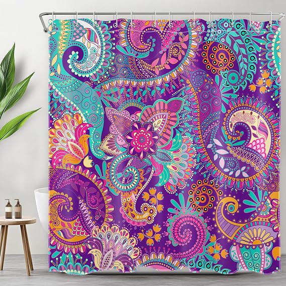 LB Boho Paisley Floral Shower Curtain, Vintage Purple Bath Decor 72Wx72L in