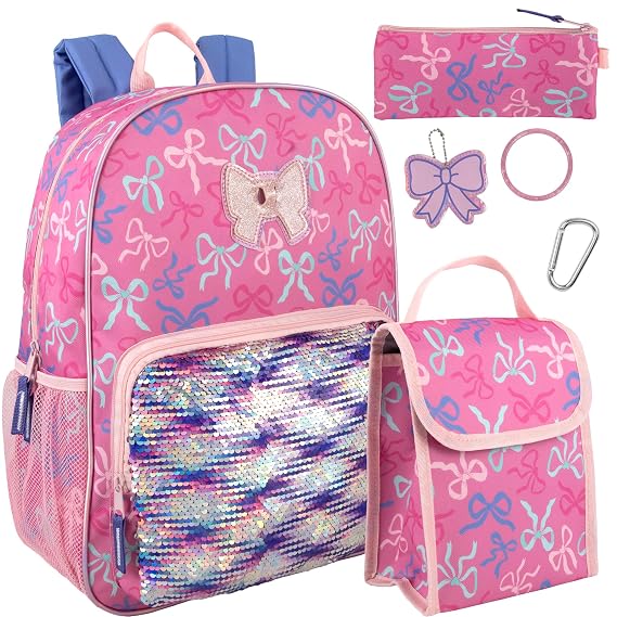 Trail maker 16.5 Inch Girls School Backpack 6 in 1 Set with Lunch Bag, Pencil Case, Keychain, Bracelet, Carabiner Clip Attached (Bows & Sequins) for Travel, Commute