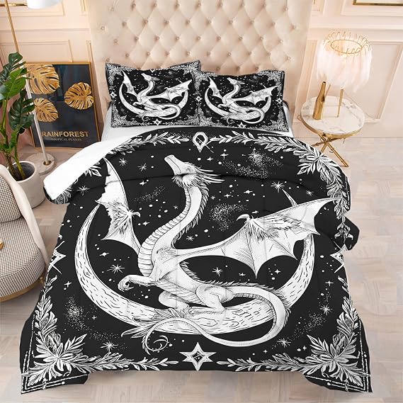Black Dragon Comforter Set Twin Size Black and White Bedding Set for Boys Kids Teens Adults Mysterious Exotic Quilt Duvet Soft and Breathable Bed Set, 1 Comforter & 1 Pillowcases