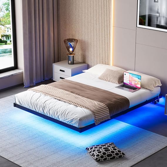 Double Bed Frame Floating Bed Frame with LED Lights,4ft6 Metal Platform Bed Frame Double Size Bed Base with Charging Station,Reinforced Steel Slats/Under-bed Storage/Noise Free/Black