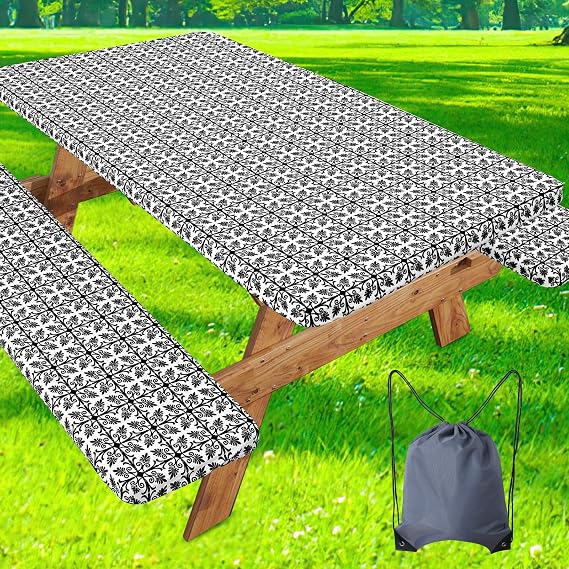 misaya Picnic Table Cover with Bench Cover, Waterproof Elastic Fitted Tablecloth for 5 Foot Tables, Rectangle Washable Polyester Tablecloths for Picnic, Camping, Outdoor (Black, 30" x 60")