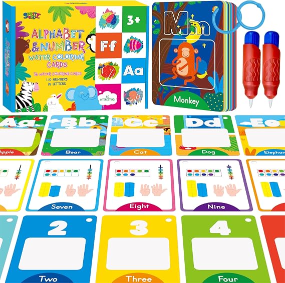 36 PCS Alphabet & Number Water Cards, Double-Sided Drawing Card- Letters ABC, Numbers 123, First Words, Early Learning Tool for Kids (2 Water Pens Included)