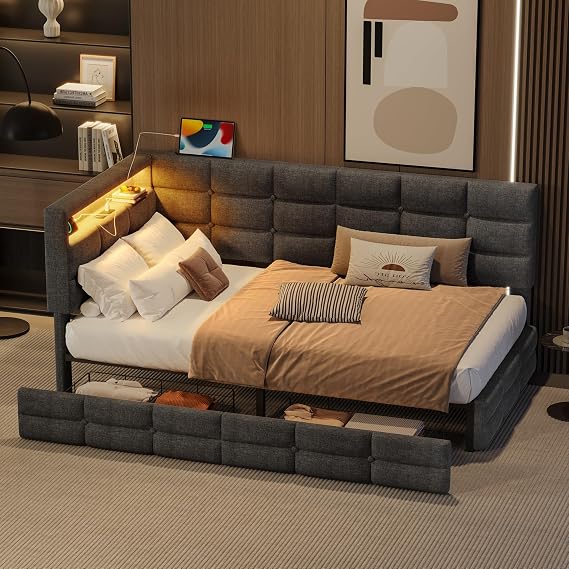 Twin Upholstered Daybed with Multi-Storage & Side Table Modern Space-Saving Bedroom Furniture (Gray)