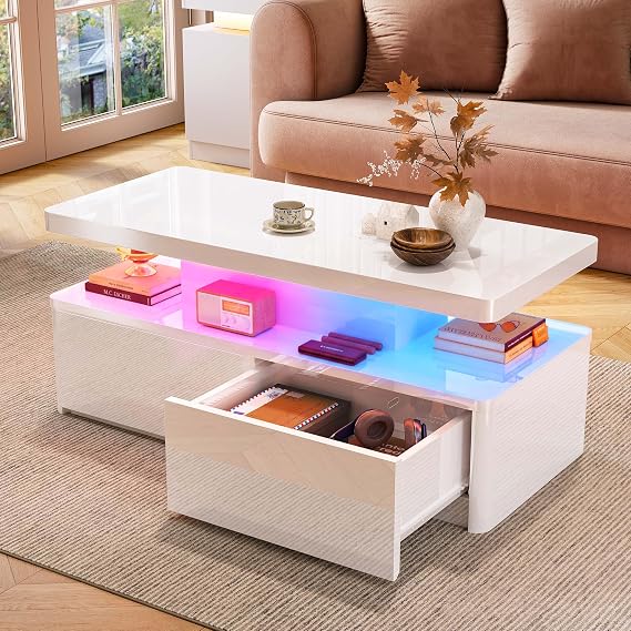40" LED Coffee Table with 2 Large Drawers, 60,000-Color Lights App Control, Rectangular Center Table, High Glossy Modern Tea Table for Living Room, White