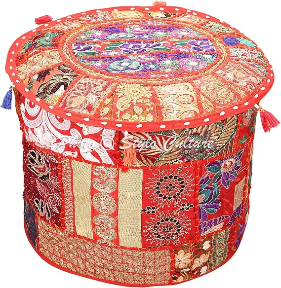 Indian Pouffe Ottoman Cover Round Patchwork Embroidered Pouf Red Cotton Floral Traditional Furniture Footstool Seat Puff (16x16x13) Bean Bag Living Room Decor
