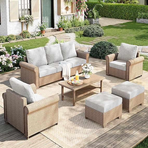 MIXPATIO 6-Piece Wicker Patio Conversation Set, Coffee Table, 2 Ottomans