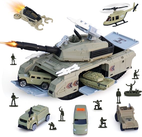 XDUOYJOY Military Tank Toy Sets, Army Toys with 7 Vehicles, Army Men Trucks Helicopter Birthday Gift for Boys Age 4-7, Easy to Store | Trucks Helicopter Toy, Birthday Gift for Boys Age 4-7, Easy to Store