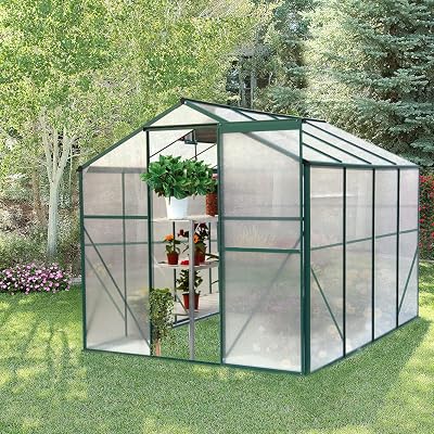 Outdoor Stable Green House with Adjustable Roof Vent and Rain Gutter for Plants, Polycarbonate Walk-in Garden Greenhouse for Flowers in Winter... 6 x 6 x 6.8 FT