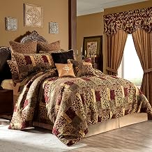 Loom and Mill Ultra Soft Bedding with Euro Shams, Bedskirt, Filled Decorative Pillow for Home Bedroom, Chenille, Red Gold, Queen