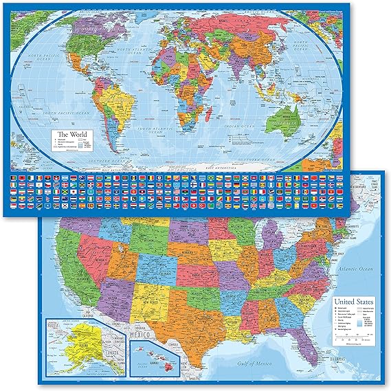 2 Pack - Laminated World Map Poster & USA Map Set - Equal Earth world map design shows continents at true relative size - US Map 18 x 29