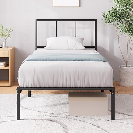 Zinus Justin 3ft Single Bed Frame with Headboard (90 x 190 cm) - 14'' Height - Metal Bed Base with Steel Slat Support - Storage Space Underneath - Modern Design - Easy Assembly - Black
