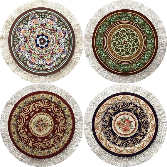 Turkish Rug Coasters Set of 4 Round Carpet-Style Drink mats with Fringe, Non-Slip Backing, Decorative Home Accent | Dining Accessory