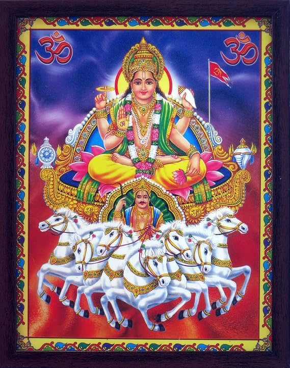 HandicraftStore Lord Vishnu roopa of Lord krishana Sitting on Seven Horse's Rath, A Indian Decorative Religious Poster with Beautiful Picture Frame.